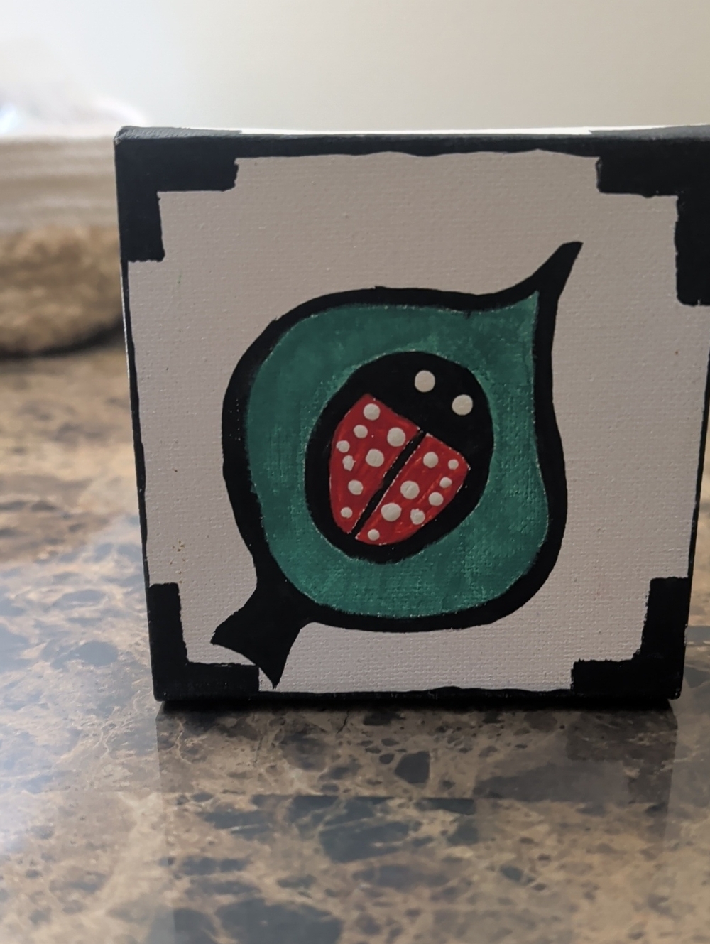 Hand-Painted Ladybug Mini Canvas - Red & Teal